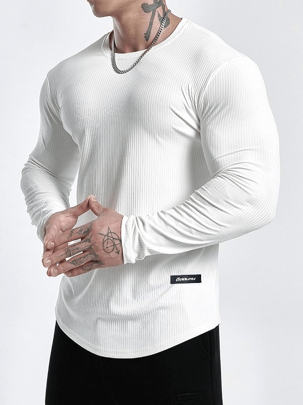 Men's white long-sleeve quick-dry gym t-shirt, O-neck collar, ribbed texture, ideal for workouts, made of spandex and polyester.